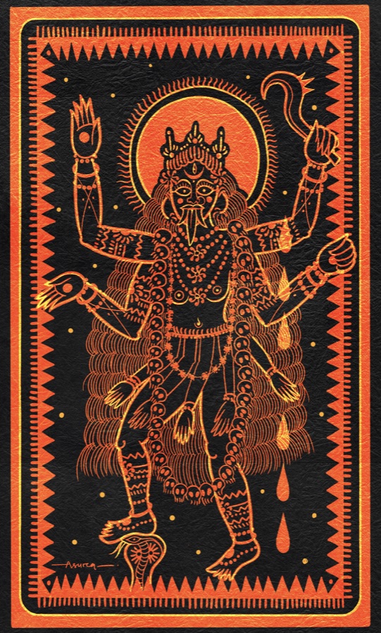Pattachitra painting of Kali — fierce deity rendered in tangerine and gold line-work on black, by tattoo artist Mourya